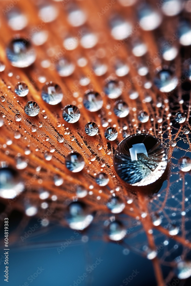 Poster frozen dewdrops on a spider's web, showcasing the delicate and intricate structures formed by frozen water droplets. Generative AI technology.