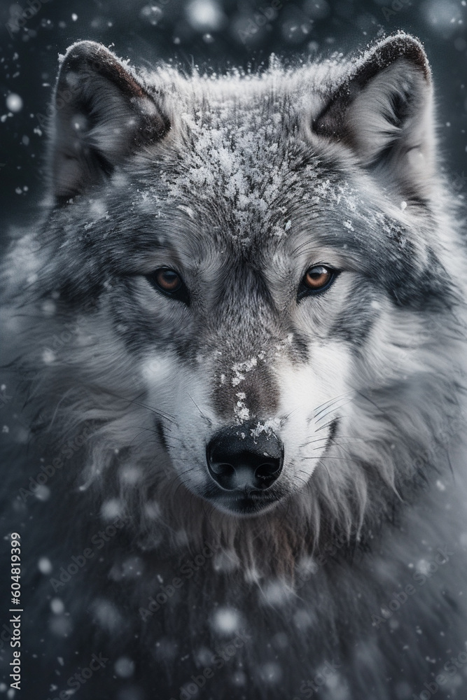 Poster a frozen wolf, with its fur covered in frost, capturing the intense and captivating gaze of this wil