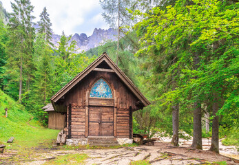 Finžgar Chapel in the valley of the Martuljek stream in the Julian Alps (Slovenia) near the village of Gozd Martuljek.