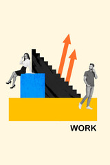 Artwork collage of two colleagues young business lady upstairs climb reach success progress work results isolated on yellow background