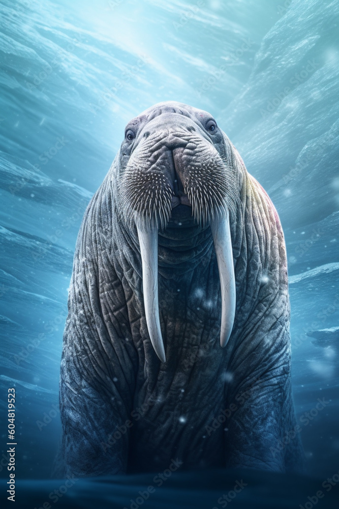 Aufkleber An abstract illustration of a frozen walrus, with its massive tusks and wrinkled skin covered in a layer of frost,  Generative AI technology.