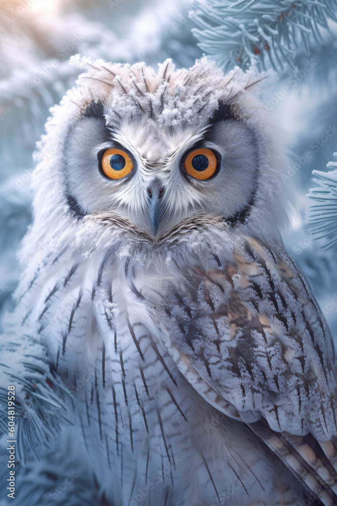 Poster A close-up image of a frozen owl perched on a tree branch, with its piercing eyes and intricate feather patterns captivating the viewer. Generative AI technology.