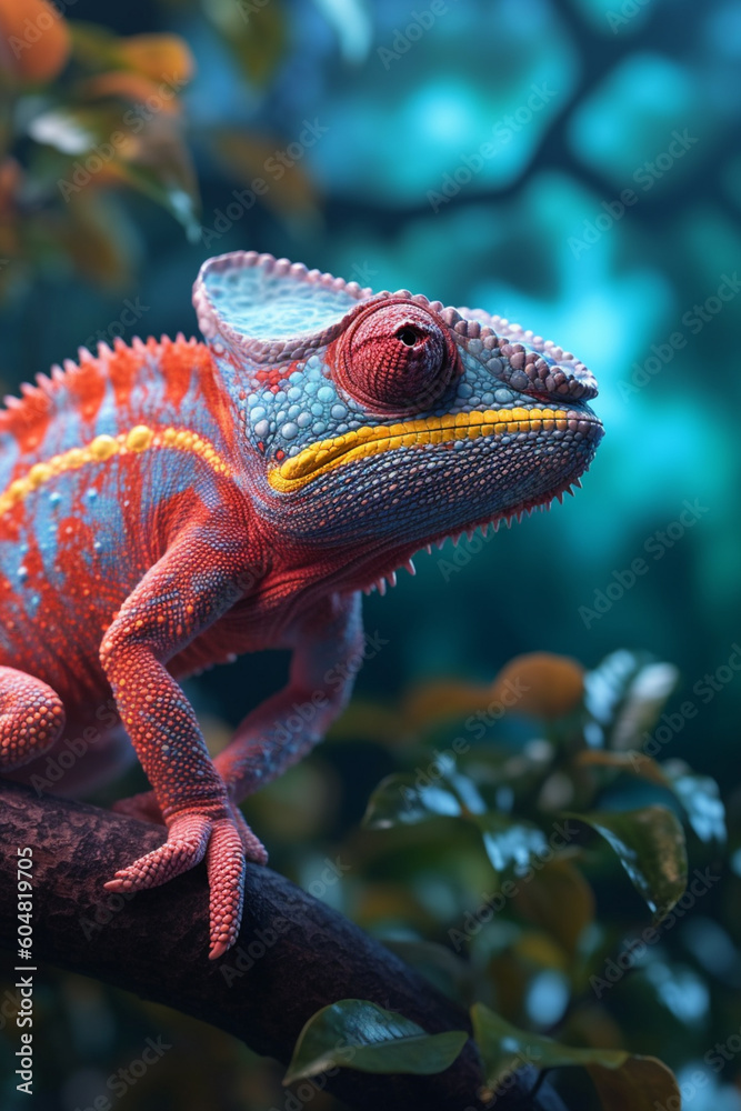 Aufkleber a close-up image of a colorful chameleon perched on a branch, showcasing its remarkable ability to b