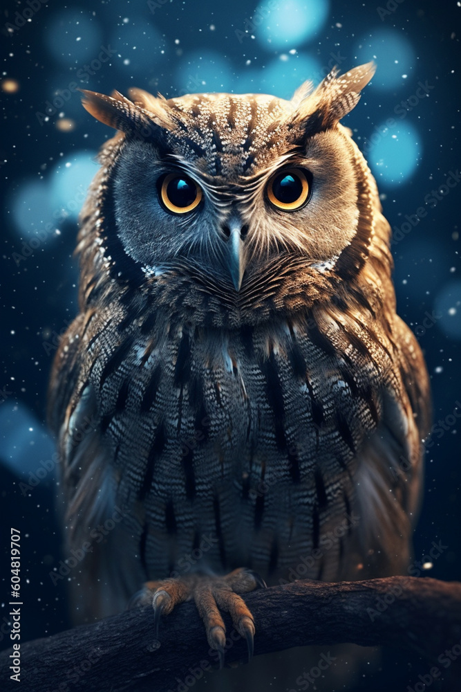 Poster a wise and serene-looking owl, with its feathers blending seamlessly into a moonlit night sky, embod