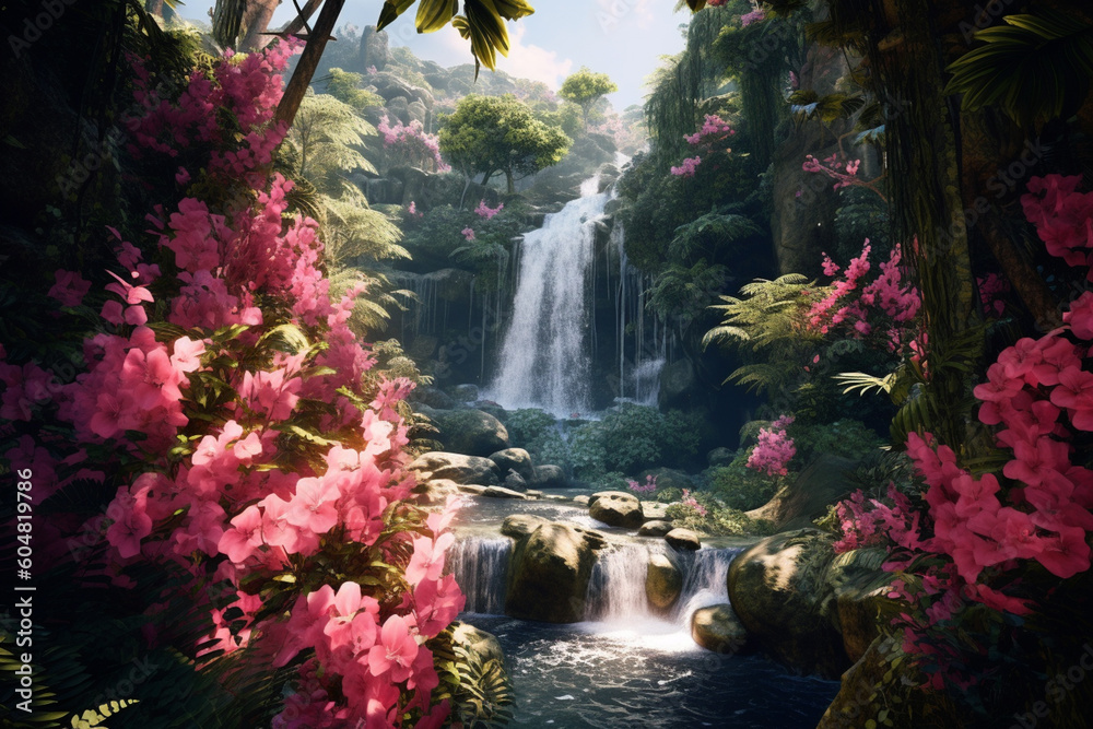 Poster a cascading waterfall surrounded by lush greenery and blooming flowers, creating a tranquil and sere
