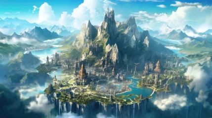 Landscape of Medieval Fantasy City Surrounded By Mountains Generative AI © Zann