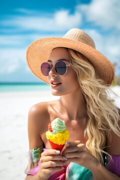 Tropical Serenity: Portrait of a Stunning Beauty with a Trendy Hat at a Picturesque Beach, Generative AI