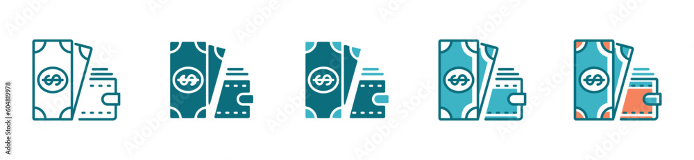 Aufkleber wallet and money icon vector set billfold dollar cash with wallet saving signs illustration for sala