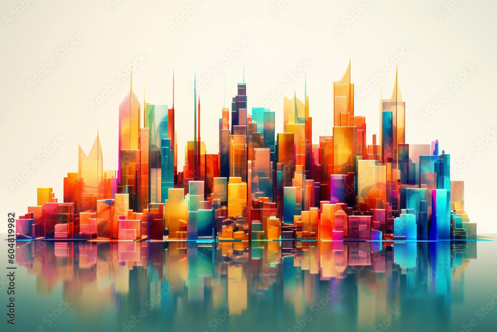 Fototapete an abstract representation of a city skyline composed of geometric shapes and vibrant colors, defyin