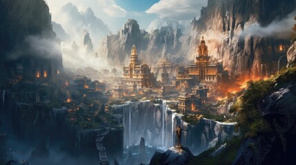 Landscape of Medieval Fantasy City Surrounded By Mountains Generative AI