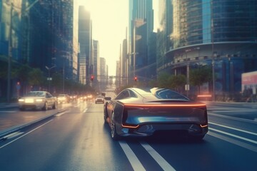 Fototapeta premium A self driving car navigating through city. Technology iot. Smart city. Generative AI