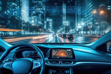 A self driving car navigating through city. Technology iot. Smart city. Generative AI