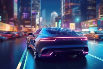 Obraz na płótnie Canvas A self driving car navigating through city. Technology iot. Smart city. Generative AI
