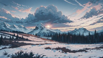 Winter landscape in the mountains. Created with Generative AI technology.