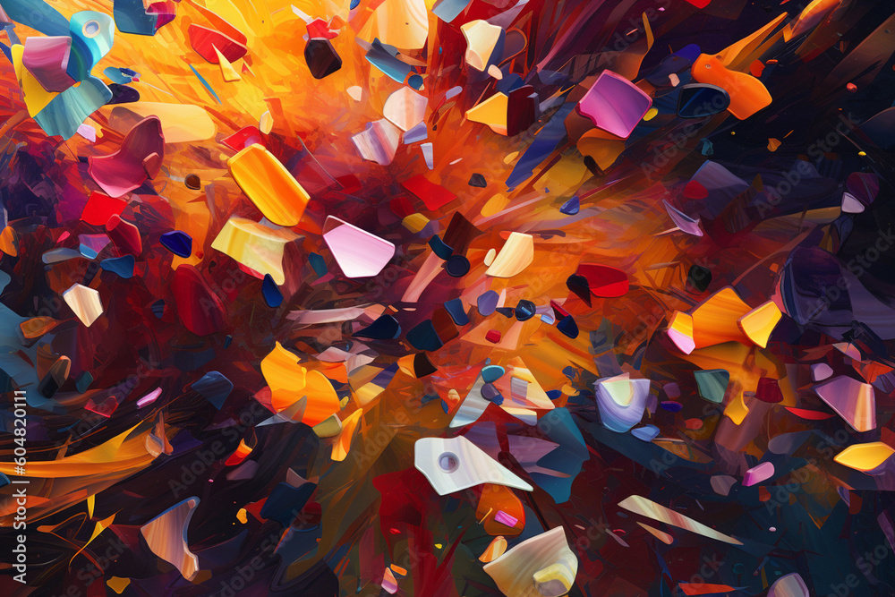 Poster An abstract painting depicting a chaotic and fragmented world, with disjointed shapes and vivid colors that convey a sense of turmoil and unpredictability.  Generative AI technology.