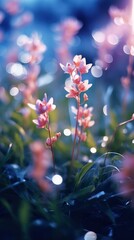 Fantastic multicolored shimmering flowers in the dew and sunlight. AI generated.