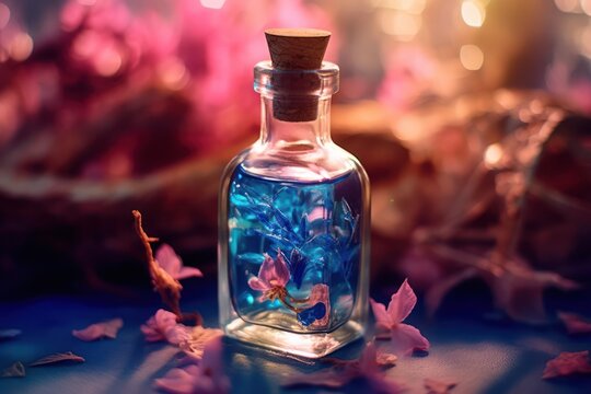 A small jar with a cork with a magic elixir and flowers inside in a clearing in a fairy forest. AI generation