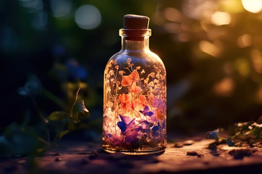 A small jar with a cork with a magic elixir and flowers inside in a clearing in a fairy forest. AI generation
