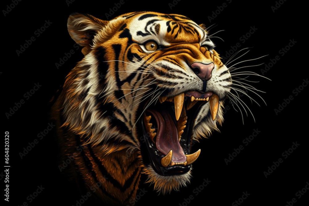 Poster a dramatic paper-cut artwork of a roaring tiger, with its fierce expression and intricate patterns i