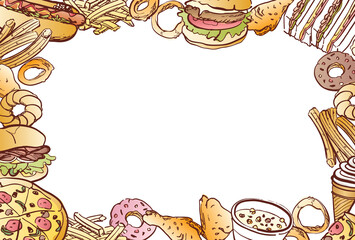 ファストフード　飾りフレーム　手描き　カラー