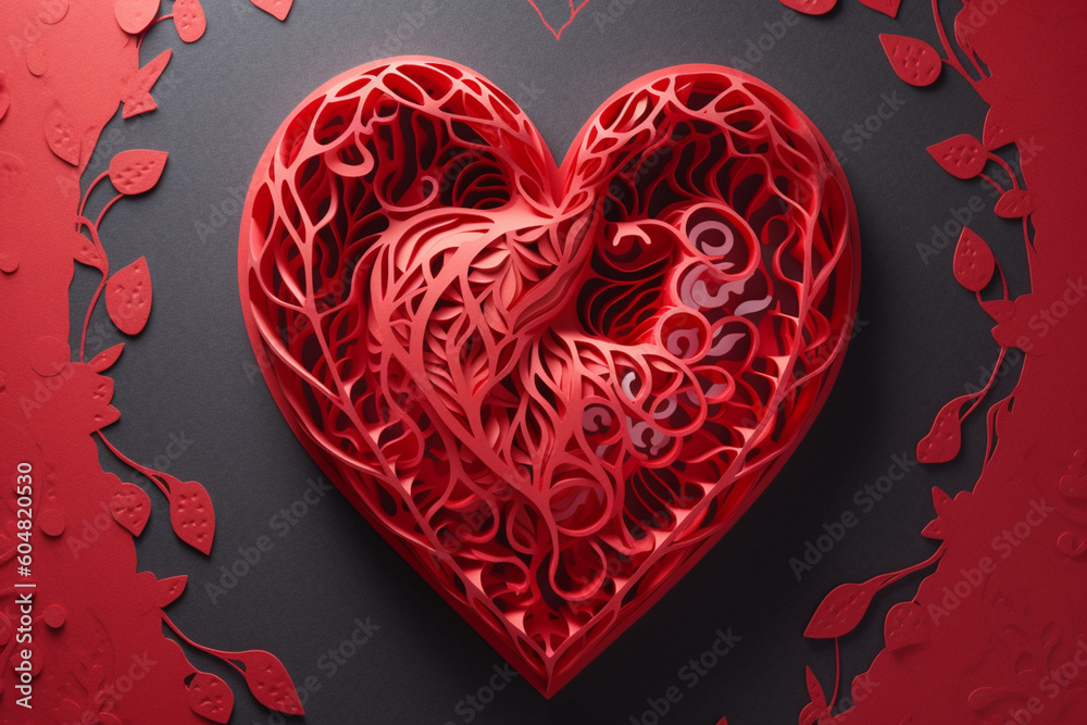Poster a captivating paper-cut design of dna helixes intertwining and forming a heart shape, symbolizing th