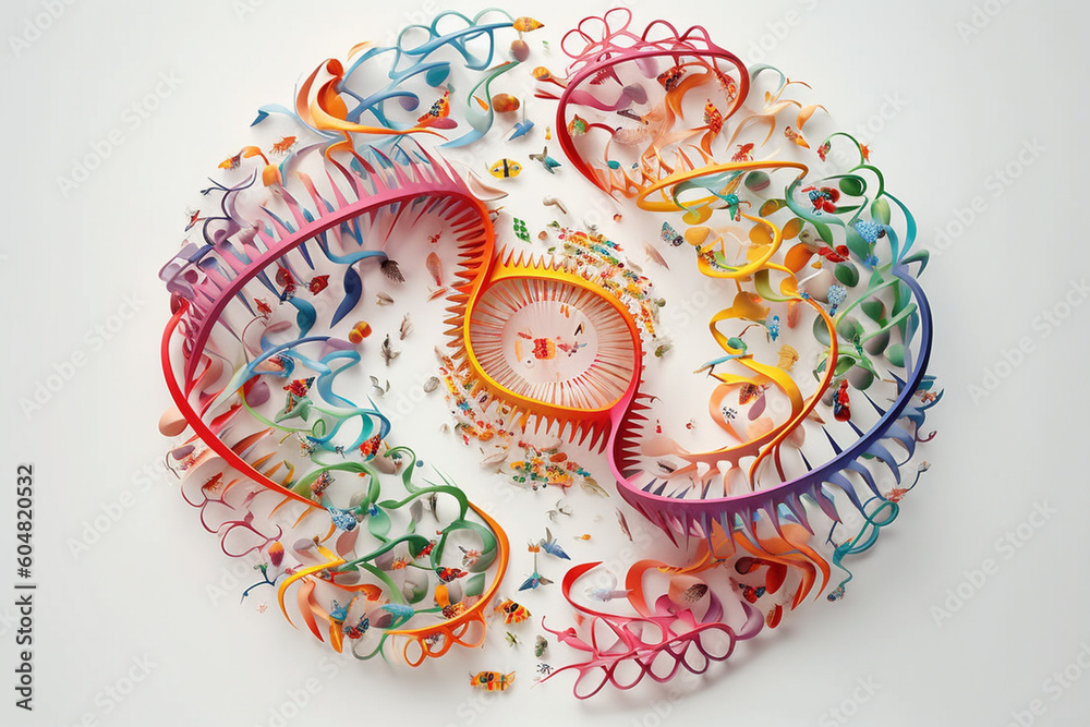 Poster A delicate paper-cut artwork of a DNA molecule surrounded by vibrant cells, with each cutout representing different cell types and their functions.  Generative AI technology.