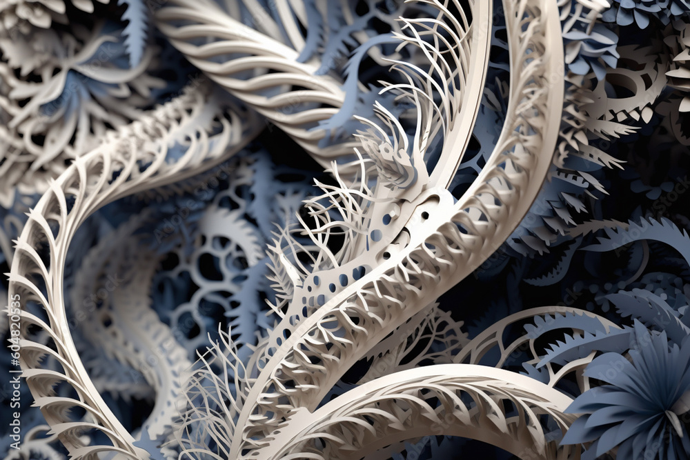 Poster A mesmerizing paper-cut representation of a DNA molecule unraveling and forming intricate patterns and shapes.  Generative AI technology.