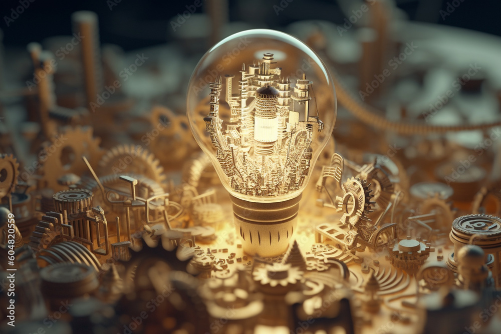 Poster An intricate paper-cut scene of a lightbulb surrounded by gears and machinery solutions. Generative AI technology.