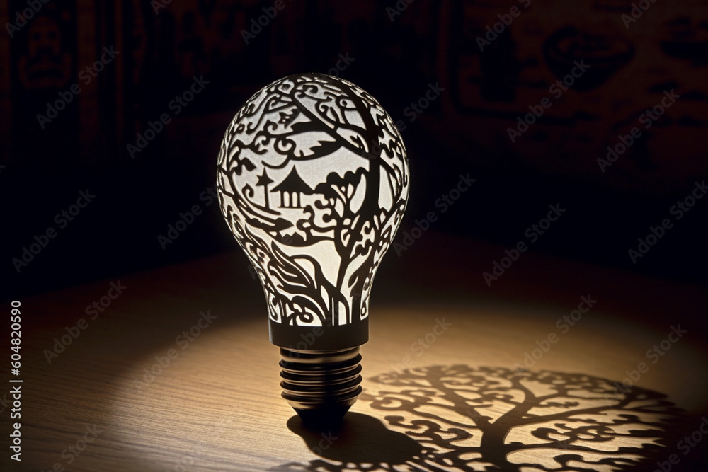 Fototapete a stunning paper-cut representation of a lightbulb illuminating a dark room, with delicate cutouts d