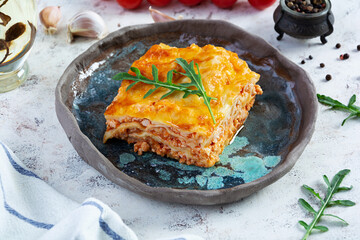 Meat lasagna with bolognese sauce and bechamel sauce. Classic lasagna