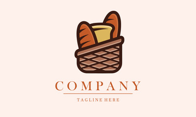 bakery store company logo vector icon. Design logo cake and bread with brown basket suitable for bakery, cake, food store, cafe company logo