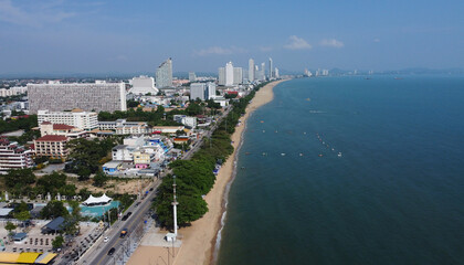 Aerial panoramic view of Jomtien beach, located in Pattaya, a resort city near Bangkok, Thailand.