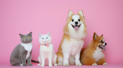Fototapeta na wymiar Pet cats and dogs group in neutral pink background. AI generated