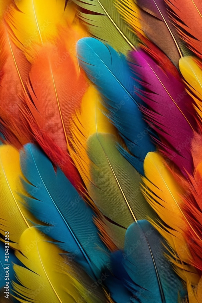 Poster an artistic composition showcasing a collection of feathers in various shapes, sizes, and colors, ge