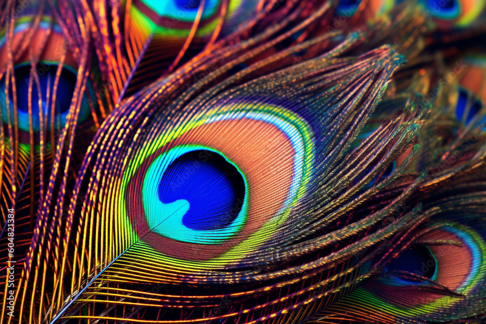 Poster a close-up photograph of a peacock feather, with its iridescent colors and intricate patterns, gener