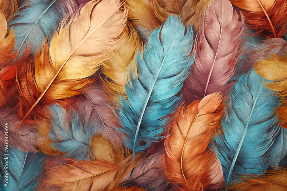 Poster A bohemian-inspired feather background pattern texture, with feathers of different lengths and textures arranged in a loose and organic manner,  Generative AI technology.