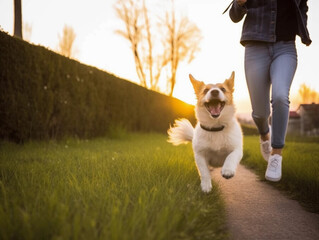 Happy pet dog and owner running on grasses during sunset. AI generated