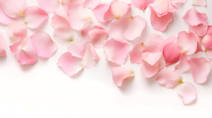 Light pink soft rose petals. Flower blooming romantic love decoration. White background delicate color rose flowering border top view close up photo