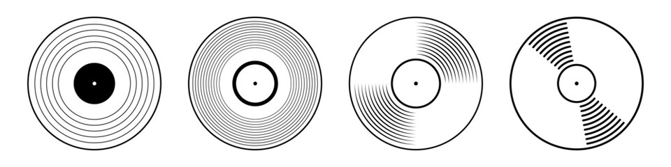 Vinyl icons. Vector vinyl record disc set. Vector black and white illustration. The view from the top. Gramophone LP vinyl record. Retro design. Simple symmetric vector icons. - 604821379