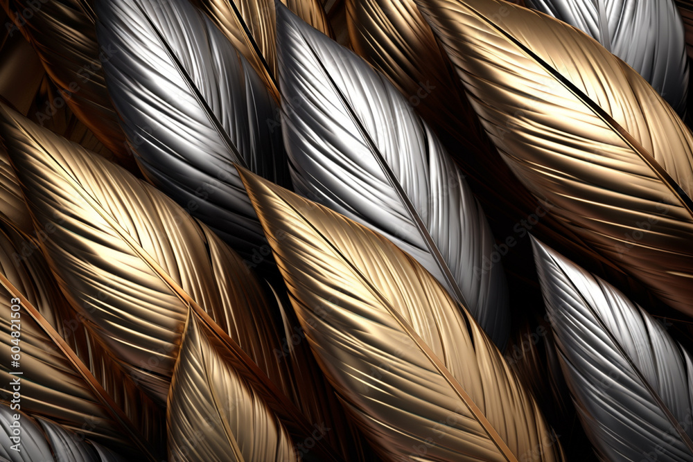 Poster A modern and sleek feather background pattern texture, with feathers in metallic tones and geometric shapes, Generative AI technology.