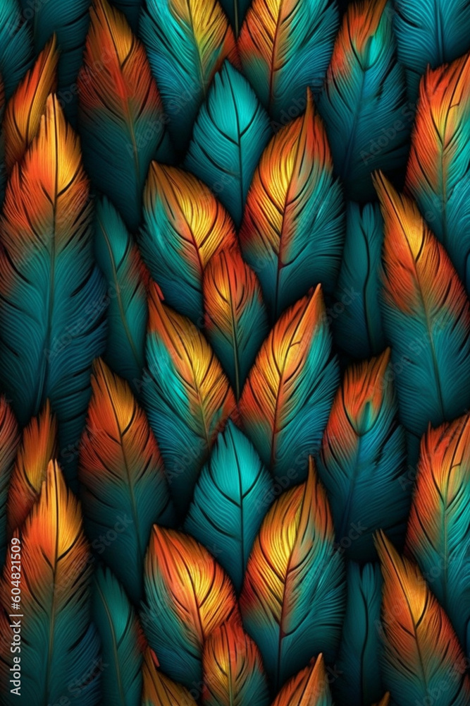 Aufkleber A symmetrical feather background pattern texture, with feathers mirrored and repeated to create a balanced and harmonious composition Generative AI technology.