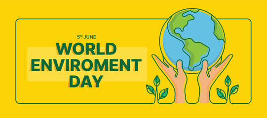 World Environment Day - Modern green line hands hold up globe world and plant tree around on yellow background vector design