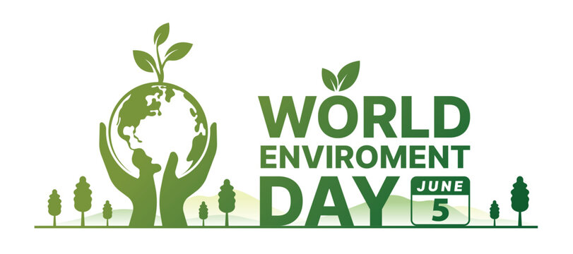 World Environment Day - Green text and hand hold globe world with palnt tree sign on line floor and mountain vector design - Powered by Adobe