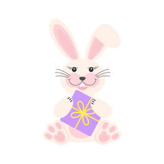 Cute rubbit with gift box. Vector illustration in cartoon flat style.