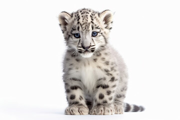 Snow Leopard cub, Panthera uncia  isolated on on white background. Post-processed generative AI	
