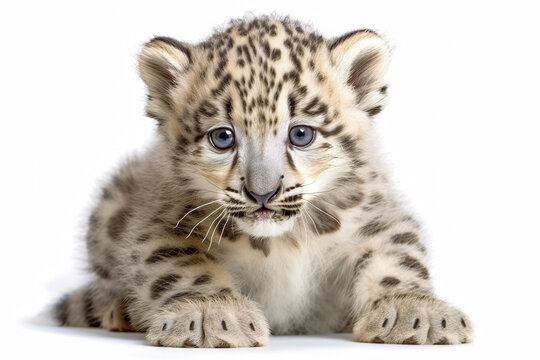 Snow Leopard cub, Panthera uncia  isolated on on white background. Post-processed generative AI	
