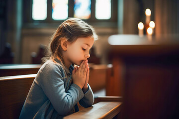 Little girl praying to god in church. Faith in religion and belief in God. Power of hope or love and devotion.