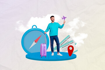 Advertisement poster collage banner image of happy guy hold paper plane dream relax rest fly abroad...