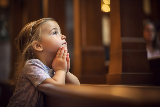 Little girl praying to god in church. Faith in religion and belief in God. Power of hope or love and devotion.
