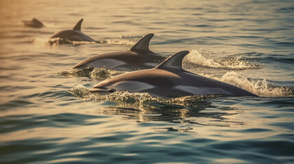 Dolphins jumping out of the water at sunset